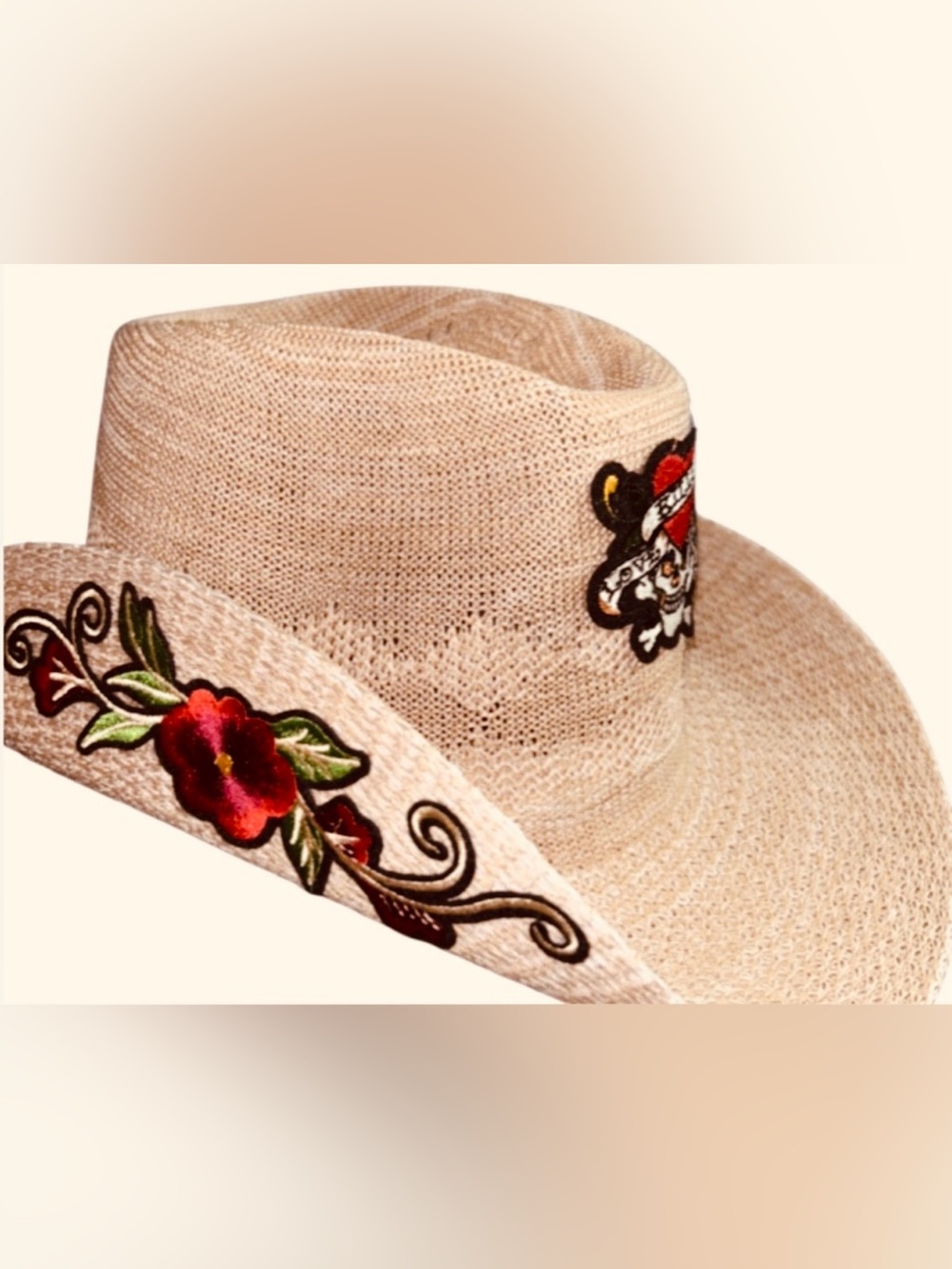 Ed Hardy "Love Kills Slowly" Straw Western Sunhat, Tattoo Artwork NWT Retail $88